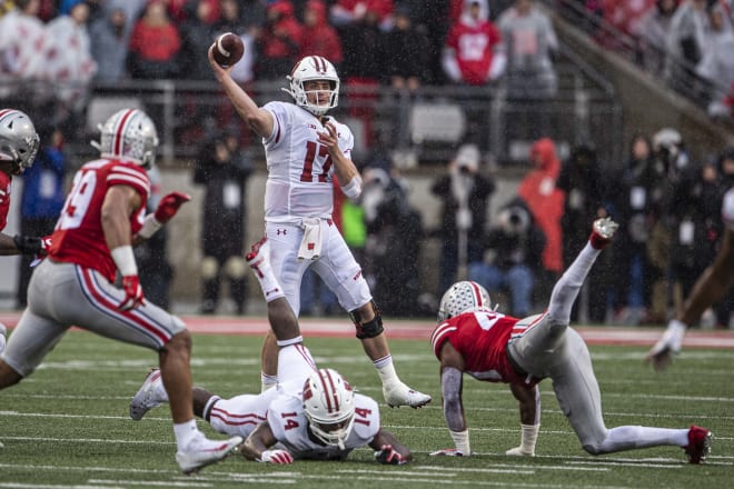 Notre Dame Fighting Irish graduate transfer quarterback Jack Coan during hsi time at Wisconsin