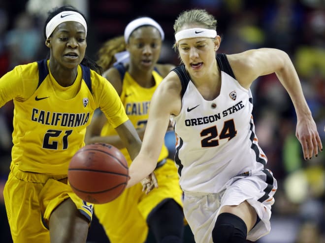 Oregon State guard Sydney Wiese (24) drives past California guard Mi'Cole Cayton, left, in the second half of an NCAA college basketball game in the Pac-12 Conference tournament, Friday, March 3, 2017, in Seattle. Oregon State won 65-49
