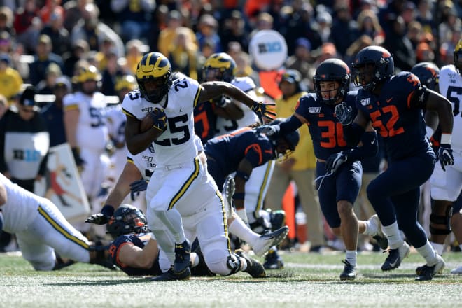 Michigan Wolverines football redshirt freshman running back Hassan Haskins' 5.9 yards per carry are tied with Illinois fifth-year senior running back Dre Brown and Nebraska sophomore running back Maurice Washington for the fifth best average in the Big Ten.