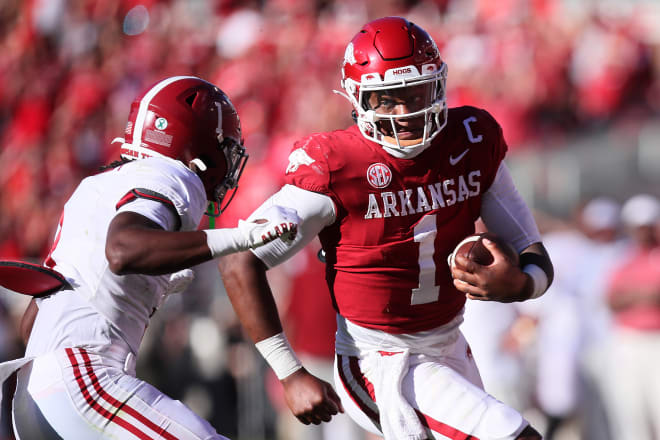 Arkansas Razorbacks quarterback KJ Jefferson (1) runs in the third quarter against the Alabama Crimson Tide at Donald W. Reynolds Razorback Stadium. Alabama won 49-26. Photo | Nelson Chenault-USA TODAY Sports