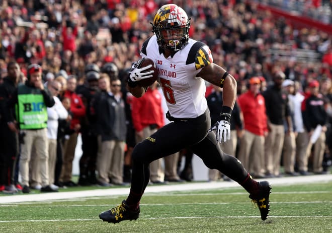 Maryland Terrapins running back Ty Johnson (6) scores a touchdown during a match between the University of Maryland and Rutgers University on November 04, 2017, at High Point Solutions Stadium in Piscataway, New Jersey.