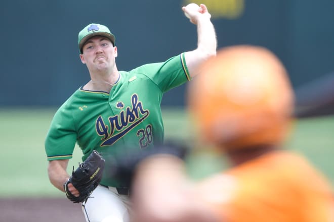 Notre Dame lefty John Michael Bertrand delivers a pitch during ND's 12-2 loss to Tennesssee on Saturday.