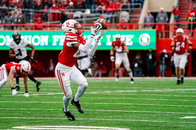 Oct 28, 2023; Lincoln, Nebraska, USA; Nebraska Cornhuskers wide receiver Jaylen Lloyd (19) catches a pass for a touchdown against the Purdue Boilermakers during the second quarter at Memorial Stadium. Mandatory Credit: Dylan Widger-USA TODAY Sports
