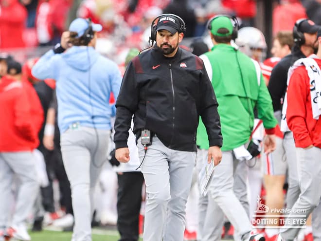 Ryan Day and the Ohio State staff will have to navigate inflated numbers at a few positions this spring. (Birm/DTE)