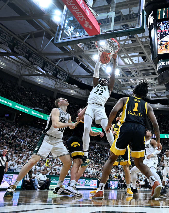 Jan 26, 2023; East Lansing, Michigan, USA; Michigan State Spartans center Mady Sissoko (22) dunks an offensive rebound against the Iowa Hawkeyes in the second half at Jack Breslin Student Events Center. Photo Credit: Dale Young/USA TODAY Sports