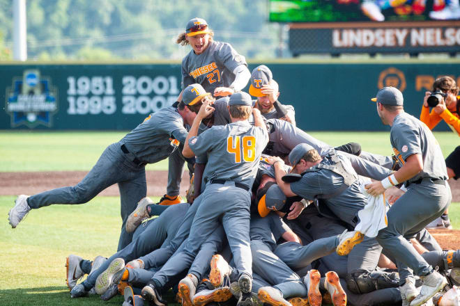 Tennessee players jumped into a celebratory dogpile after the Vols swept LSU in the NCAA Super Regionals in Knoxville in 2021 to end the head coaching career of LSU's Paul Mainieri.
