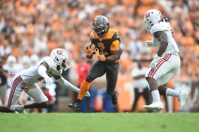 Tennessee running back Jabari Small (2) runs the ball during a football game between Tennessee and Austin Peay at Neyland Stadium in Knoxville, Tenn., on Saturday, Sept. 9, 2023.