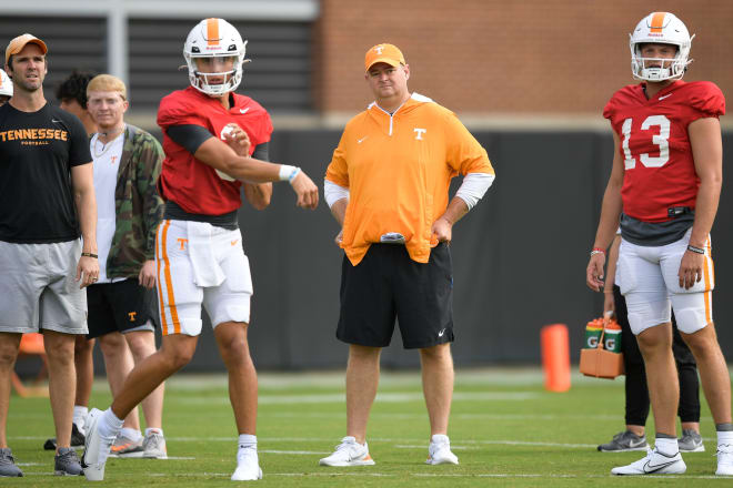 Tennessee Head Coach Josh Heupel watches as quarterbacks drill during Tennessee Vols football practice at Haslam Field in Knoxville, Tenn. on Tuesday, Aug. 16, 2022.