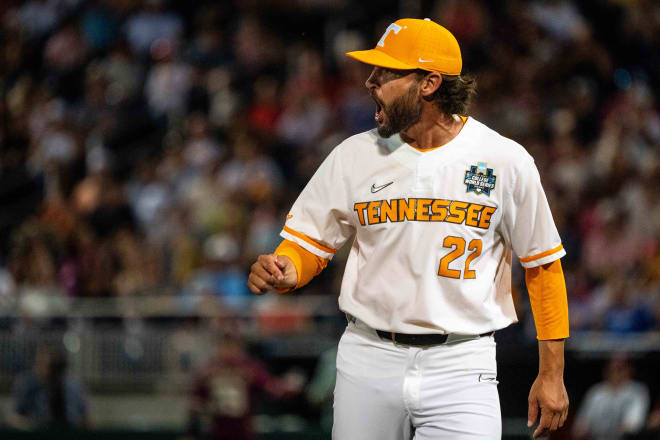 Jun 14, 2024; Omaha, NE, USA; Tennessee Volunteers head coach Tony Vitello against the Florida State Seminoles during the ninth inning at Charles Schwab Filed Omaha.