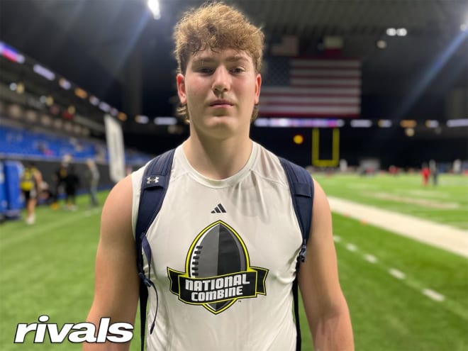 2026 offensive tackle Carter Scruggs, pictured above, is expected to take his first look at Notre Dame this month. Scruggs is up to 13 scholarship offers after his sophomore season.