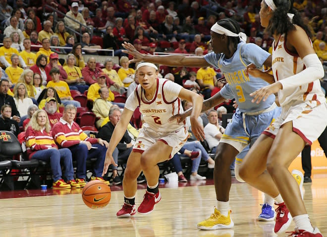 Iowa State Cyclones guard Arianna Jackson (2) drives to the basket as Southern Lady Jaguars guard Taylor Williams (3) defends during the third quarter in the NCAA women's basketball at Hilton Coliseum on Monday, Nov. 20, 2023, in Ames, Iowa.