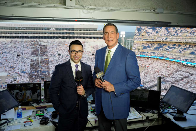 Noah Eagle (left) and analyst Todd Blackledge will be calling the Notre Dame-Ohio State game for NBC on Saturday night at Notre Dame Stadium.