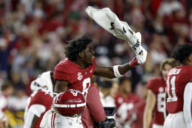 Alabama Crimson Tide wide receiver Tyler Harrell (8) celebrates after defeating the Texas A&M Aggies at Bryant-Denny Stadium. Photo | Butch Dill-USA TODAY Sports