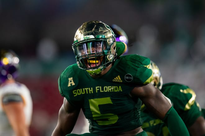 Oct 10, 2020; Tampa, Florida; South Florida Bulls linebacker Antonio Grier (5) celebrates after a tackle in a game against East Carolina at Raymond James Stadium.