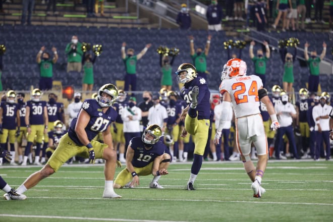 Notre Dame kicker Jonathan Doerer made four field goals in a 47-40 double-overtime win over Clemson, including kicks from 44 and 45 yards.