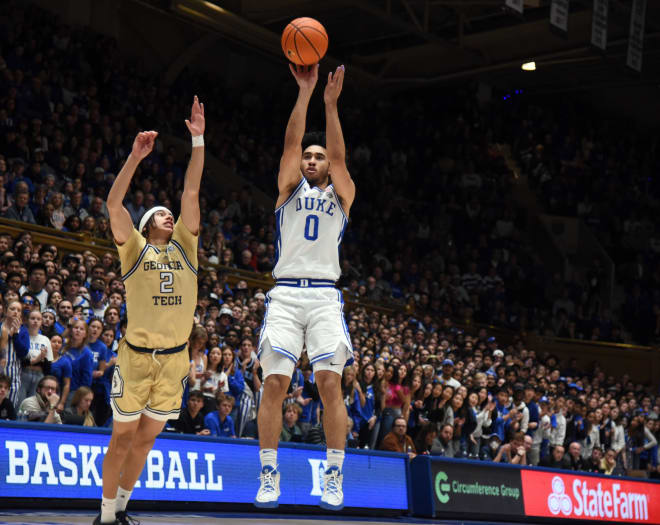 Duke's Jared McCain shoots a 3-pointer against Georgia Tech's Naithan George last month. 