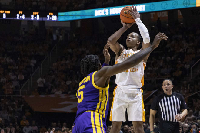 Tennessee guard Jordan Gainey (2) shoots over LSU forward Mwani Wilkinson (5) during the first half of an NCAA college basketball game Wednesday, Feb. 7, 2024, in Knoxville, Tenn. (AP Photo/Wade Payne)