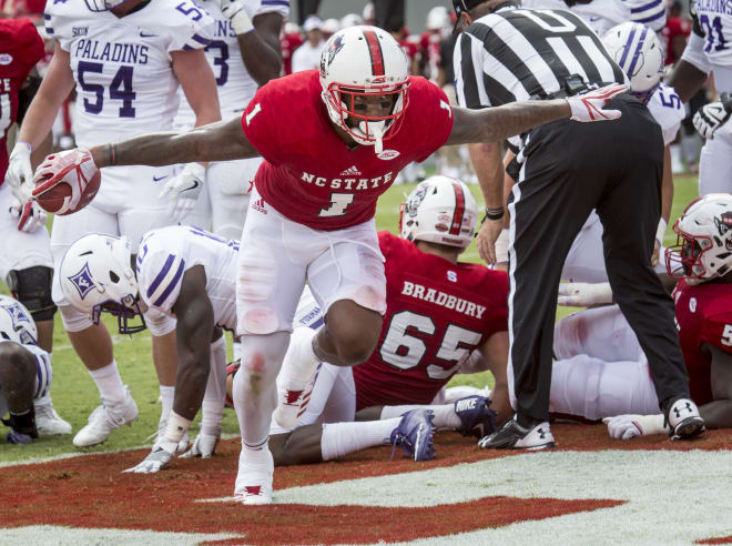 NC State senior H-back Jaylen Samuels scored three touchdowns Saturday in the Wolfpack's 49-16 win over Furman.
