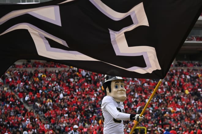 Oct 8, 2022; College Park, Maryland, USA; Purdue Boilermakers mascot Pete waves the school flag after a first half touchdown \H| at SECU Stadium. Mandatory Credit: Tommy Gilligan-USA TODAY Sports