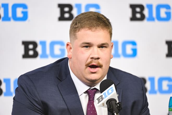 Jul 25, 2024; Indianapolis, IN, USA; Indiana Hoosiers offensive lineman Mike Katic speaks to the media during the Big 10 football media day at Lucas Oil Stadium. © Robert Goddin-USA TODAY Sports