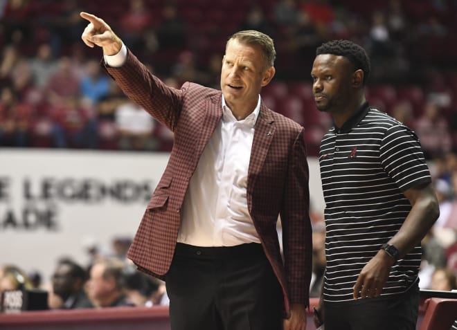 Alabama head coach Nate Oats talks with assistant coach Antoine Pettway at Coleman Coliseum. Alabama won 78-65. Photo | Gary Cosby Jr.-USA TODAY Sports