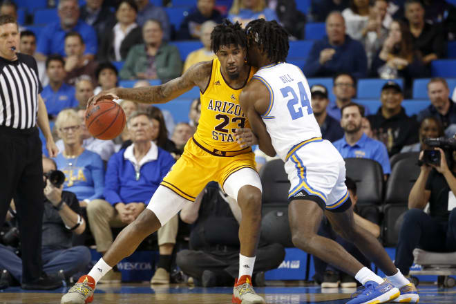Arizona State forward Romello White (23) is defended by UCLA forward Jalen Hill (24) during the first half of an NCAA college basketball game Thursday, Feb. 27, 2020, in Los Angeles. White announced his plans to transfer to Ole Miss Friday.