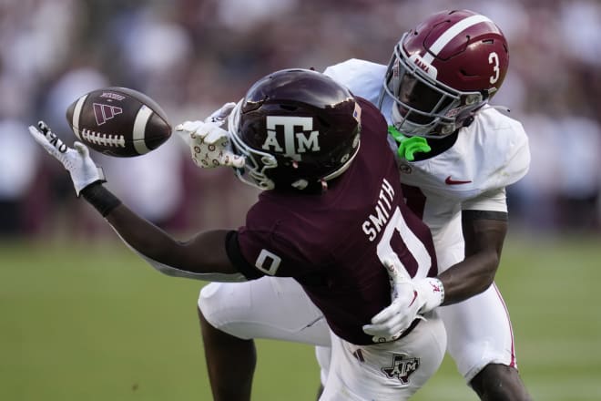 Alabama defensive back Terrion Arnold (3) knocks down a pass intended for Texas A&M wide receiver Ainias Smith (0) near the end zone during the third quarter of an NCAA college football game Saturday, Oct. 7, 2023, in College Station, Texas. (AP Photo/Sam Craft)