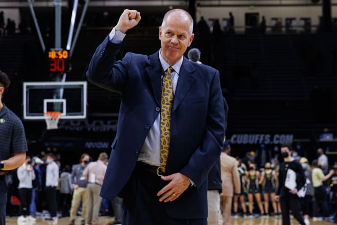 Buffs head coach Tad Boyle reacts to CU's Sunday afternoon win over Washington, which was his 300th career victory as a head coach