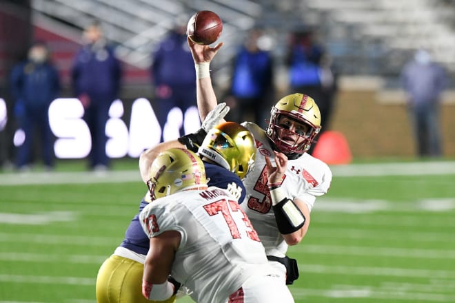 Boston College quarterback Phil Jurkovec (5) faced his former Notre Dame teammates back in 2020.