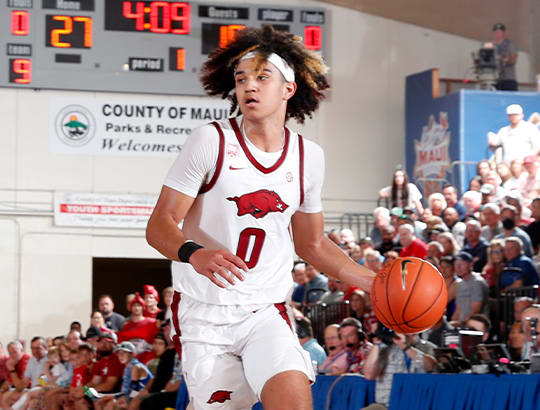 Arkansas freshman Anthony Black led the Hogs with X points in Monday's win over Louisville.