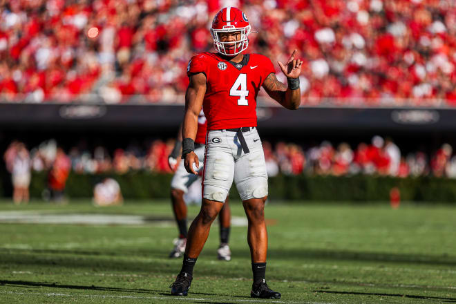 Georgia outside linebacker Nolan Smith (4) during a game against Auburn on Dooley Field at Sanford Stadium in Athens, Ga., on Saturday, Oct. 8, 2022. (Photo by Tony Walsh/UGA Sports Communications)