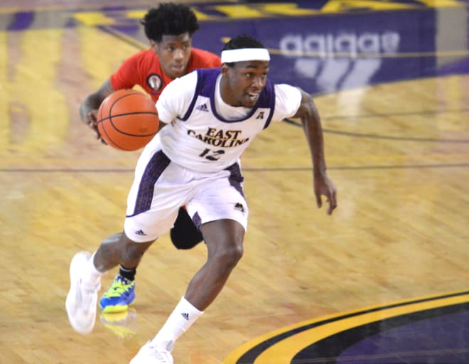 Tremont Robinson-White operates in transition for East Carolina in the first half of a 71-56 loss in Greenville.