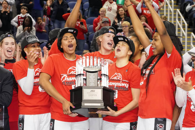 NC State Wolfpack women's basketball celebrates an ACC title.
