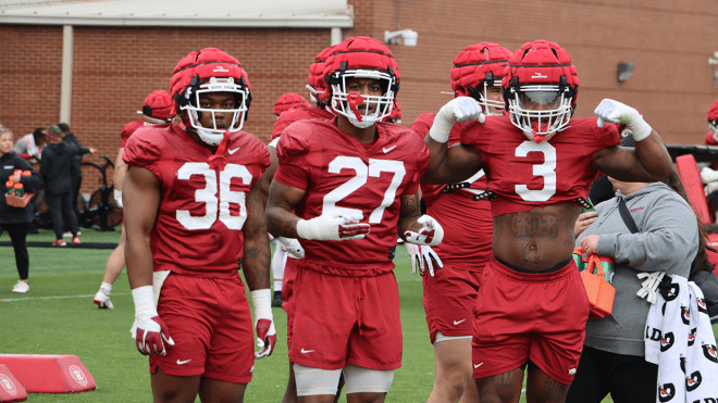 Jordan Crook (left), Chris Paul Jr. (middle) and Antonio Grier (right) at Arkansas' 10th spring practice.