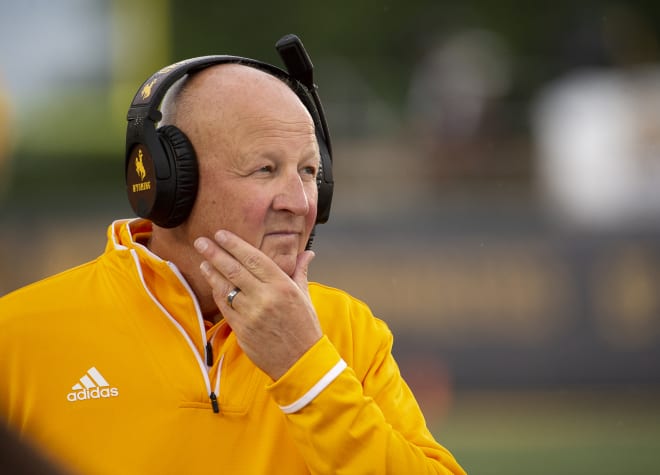 Wyoming head coach Craig Bohl watches this team play Missouri during the first half of an NCAA college football game Saturday, Sept. 8, 2018, in Columbia, Mo.