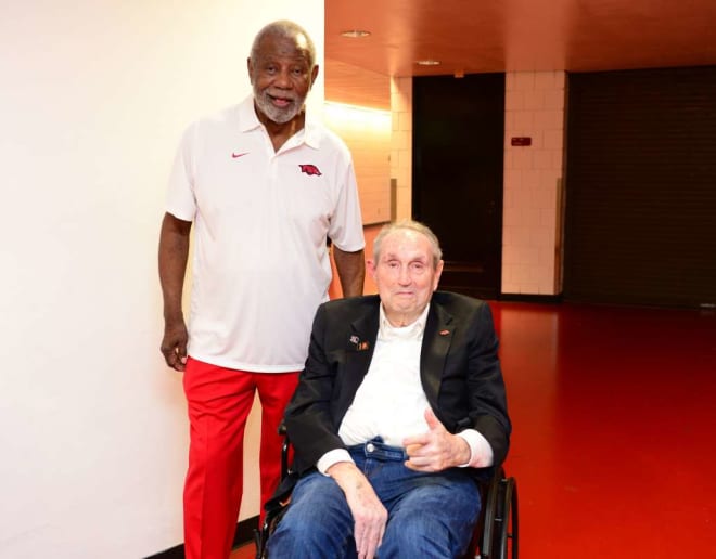 Legendary coaches Nolan Richardson and Eddie Sutton pose for a photo before this year's Red-White game.