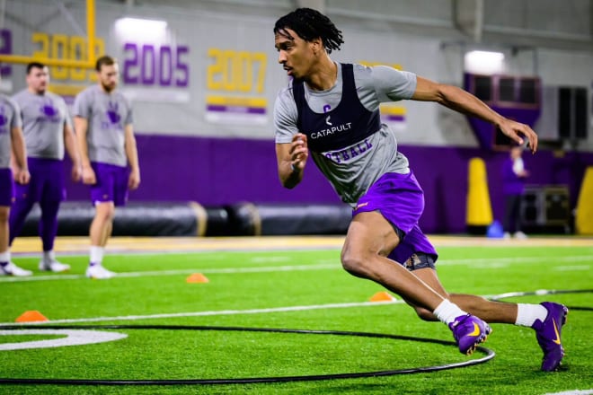 Jayden Daniels, seen here in winter conditioning drills, was an unknown commodity at last year's LSU spring practice after transferring from Arizona State. He enters the start of spring practice Thursday firmly entrenched as the Tigers' starting quarterback.