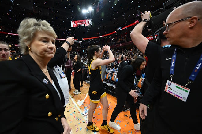 Apr 7, 2024; Cleveland, OH, USA; Iowa Hawkeyes guard Caitlin Clark (22) walks off the court after the game against the South Carolina Gamecocks in the finals of the Final Four of the womens 2024 NCAA Tournament at Rocket Mortgage FieldHouse.