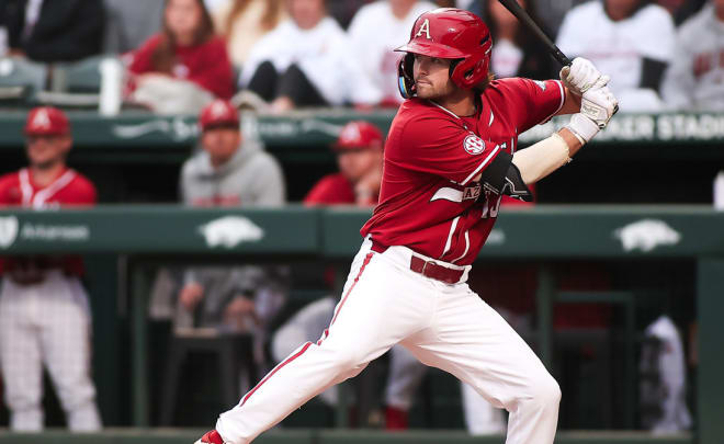 Arkansas second baseman Peyton Stovall is done for the season due to a shoulder injury.