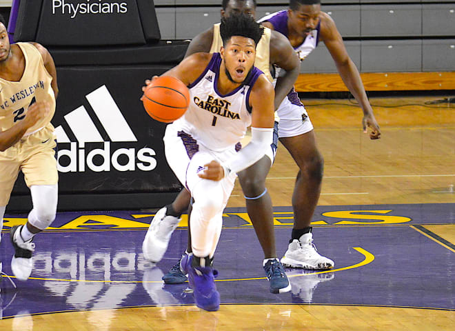 Jayden Gardner gets out in transition for ECU that improves to 2-0 with the victory over N.C. Wesleyan.