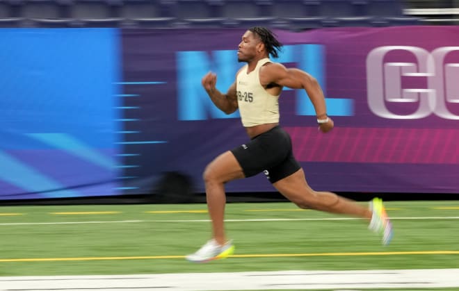 Mar 2, 2024; Indianapolis, IN, USA; Purdue running back Tyrone Tracy Jr (RB25) during the 2024 NFL Combine at Lucas Oil Stadium. Mandatory Credit: Kirby Lee-USA TODAY Sports