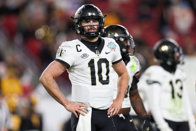 Dec 23, 2022; Tampa, Florida, USA; Wake Forest Demon Deacons quarterback Sam Hartman (10) waits for a play call against the Missouri Tigers during the second quarter in the 2022 Gasparilla Bowl at Raymond James Stadium.