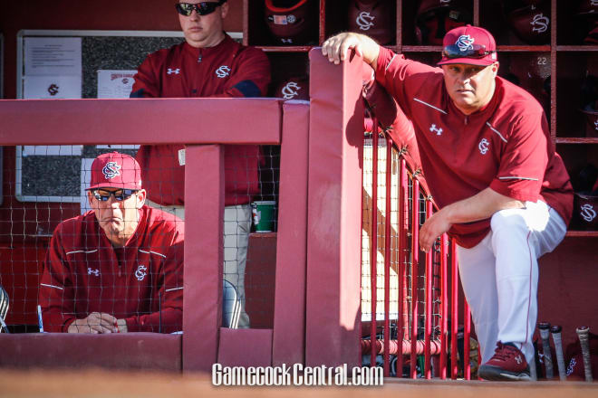 Jerry Meyers and Chad Holbrook look on as the Gamecocks were unable to take advantage of a great outing by Adam Hill.
