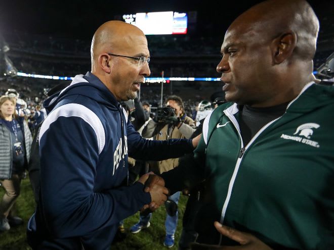 Michigan State head coach Mel Tucker and Penn State head coach James Franklin shake hands on Nov. 26, 2022. 