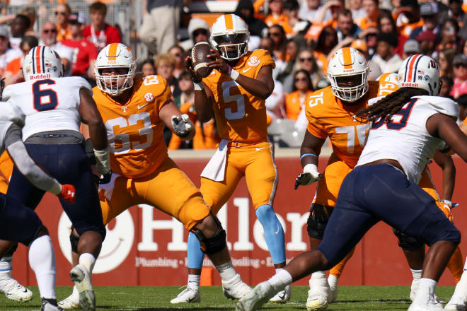 Tennessee quarterback Hendon Hooker looks down field in the first quarter of the Vols' game against UT Martin at Neyland Stadium. 