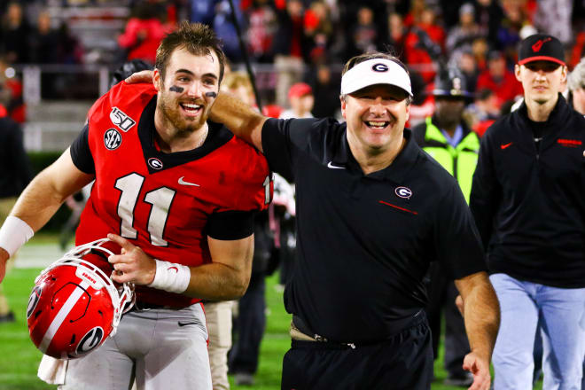 Georgia quarterback Jake Fromm (11), Georgia head coach Kirby Smart during the Bulldogs’ game against Texas A&M on Dooley Field at Sanford Stadium in Athens, Ga., on Saturday, Nov. 23, 2019. (Photo by Tony Walsh/UGA Sports Communications)
