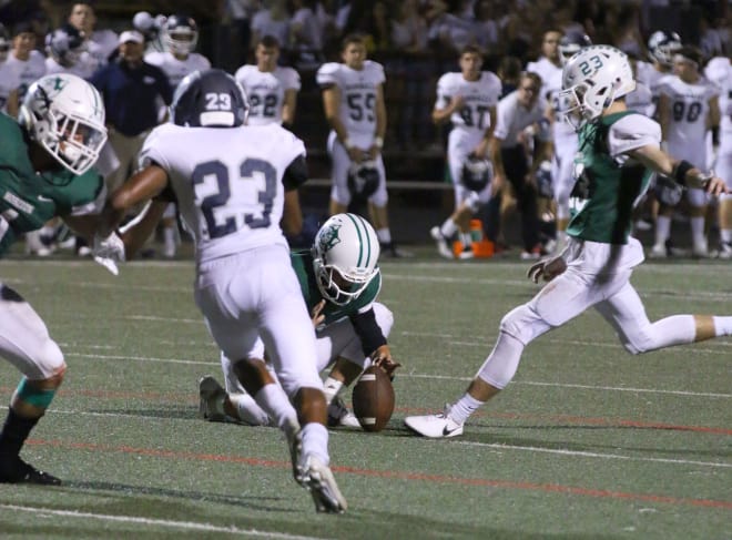 Horizon kicker Cole Johnson boots a field goal at home against Pinnacle last season.  He was a perfect 3-of-3 in extra points and 2-of-2 in field goals against the Pioneers (Photo Courtesy of Horizon Football Twitter)