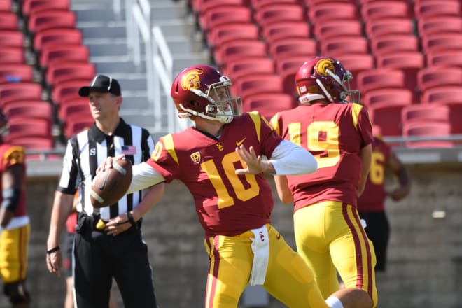 Redshirt sophomore QB Jack Sears (10) has entered the transfer portal after being slotted fourth on USC's depth chart.