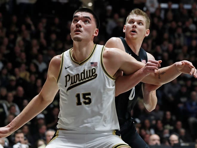 Purdue center Zach Edey boxes out Michigan State forward Jaxon Kohler on Saturday, March 2, 2024, in West Lafayette, Indiana.