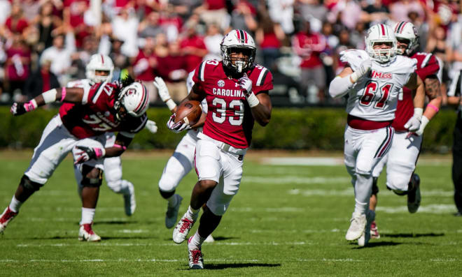 South Carolina running back David Williams breaks off a big run during the Gamecocks' 34-28 win over UMass Saturday at Wiilliams-Brice Stadium. Williams rushed 69 yards and two TDs.